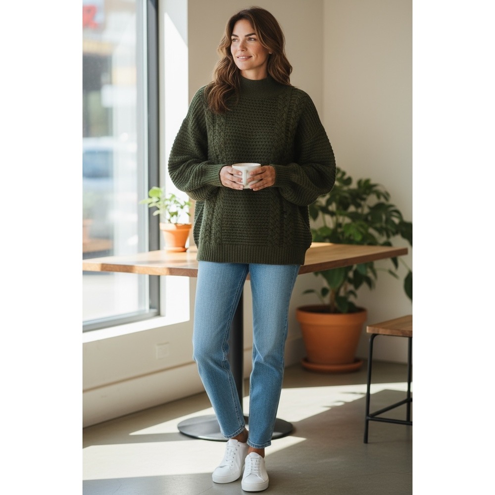 Charcoal Mock Neck Cable Knit Pullover Sweater Chunky Oversized